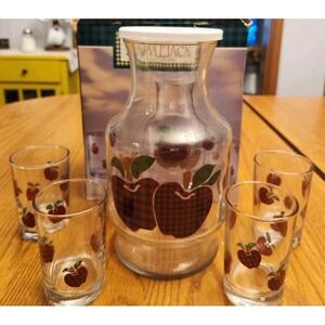 New Anchor Hocking Applejack Juice Set Lidded Carafe 4 Glasses Original Box NOS
